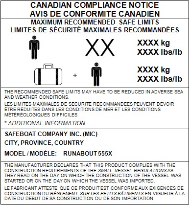 Image of a Canadian Compliance Notice (Capacity Label) for an inboard or stern-drive powered vessel that is 6 metres or shorter. The label contains maximum people and weight limits, information about the manufacturer or importer, and the vessel model. It also states that the vessel complies with the construction requirements of the Small Vessel Regulations.